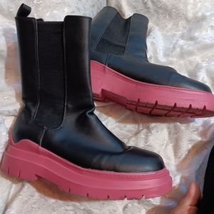 Primark Mid Calf Chelsea Boot Size 10 Chunky Pink Platform Sole Faux Leather